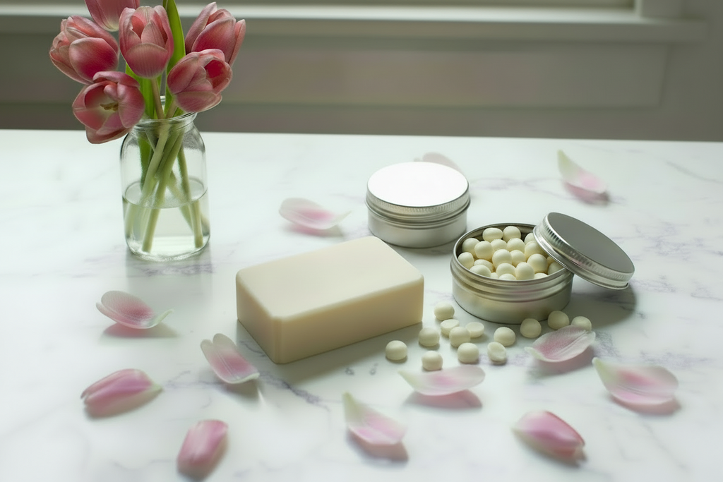 cream colored bar soap with lavendar petals crushed and embedded in it on a white counter top with eucalyptus scattered on the table. Cream colored semi-sphere soaps about 1/6" in diameter in a tin that is 2" across next to the bar soap. A few of the semi-sphere soaps should be scattered on the counter as well. There should be eucalyptus
 in a clear vase on the counter on the other side of the image from the bar soap.