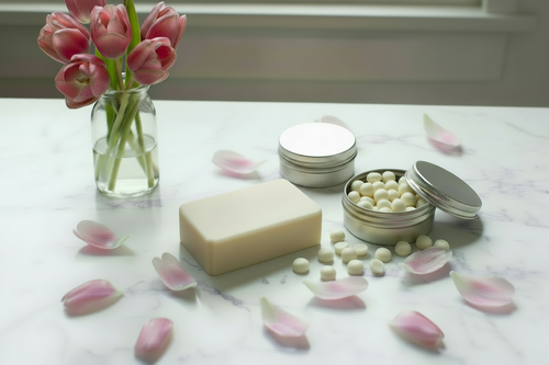 cream colored bar soap with lavendar petals crushed and embedded in it on a white counter top with eucalyptus scattered on the table. Cream colored semi-sphere soaps about 1/6" in diameter in a tin that is 2" across next to the bar soap. A few of the semi-sphere soaps should be scattered on the counter as well. There should be eucalyptus
 in a clear vase on the counter on the other side of the image from the bar soap.