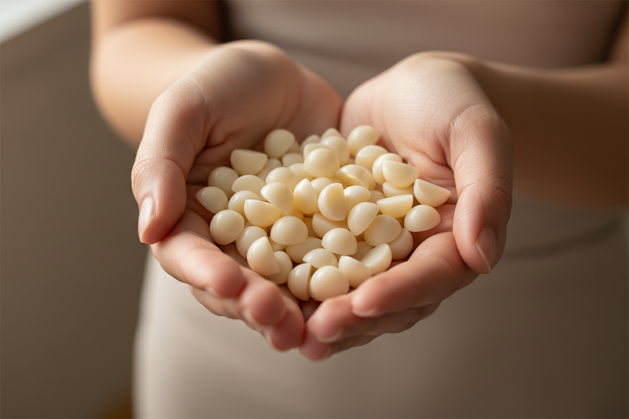Women's hands holding half-sphere pieces of soap that are cream colored and about 1/6 of an inch in diameter